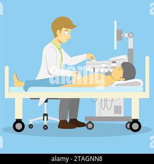 The doctor is using an ultrasound machine to examine the stomach of a patient lying on a bed. Stock Vector