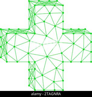 Green plus sign from abstract futuristic polygonal lines and dots. Vector illustration. Stock Vector