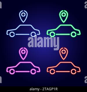 Ordering taxi, passenger car icon and geolocation from glowing blue, red, pink and green neon luminescence lines, mixed media, classic blue background Stock Vector