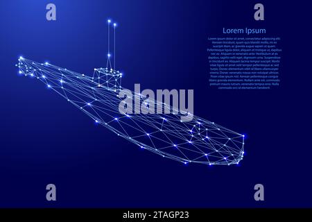 Submarine from futuristic polygonal blue lines and glowing stars for banner, poster, greeting card. Vector illustration. Stock Vector