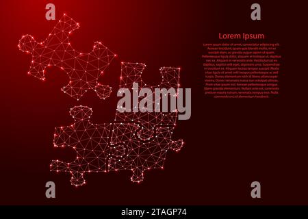 Puzzle teamwork from futuristic polygonal red lines and glowing stars for banner, poster, greeting card.  Connecting puzzle pieces, business office wo Stock Vector