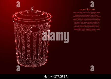 Trash can with lid, from futuristic polygonal red lines and glowing stars for banner, poster, greeting card. Low poly concept. Vector illustration. Stock Vector