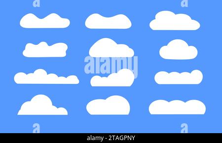 Simple and flat collection of clouds isolated on blue background. White cloud element icon Stock Vector