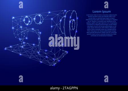 Sewing machine from futuristic polygonal blue lines and glowing stars for banner, poster, greeting card. Vector illustration. Stock Vector