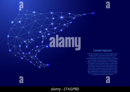 Fish, tuna, marlin jumping out, from futuristic polygonal blue lines and glowing stars for banner, poster, greeting card. Vector illustration. Stock Vector