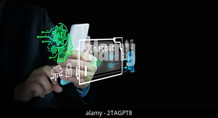 AI tech. Chat Bot, chat with Ai. A man uses virtual graphic of a generative conversational chatbot on smartphone to communicates with language model f Stock Photo
