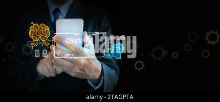 AI tech. Chat Bot, chat with Ai. A man uses virtual graphic of a generative conversational chatbot on smartphone to communicates with language model f Stock Photo