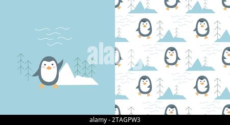 Hand drawn penguin set card and seamless pattern. Cute background with dancing penguins and iceberg. Baby card with arctic bird. Funny character print Stock Vector