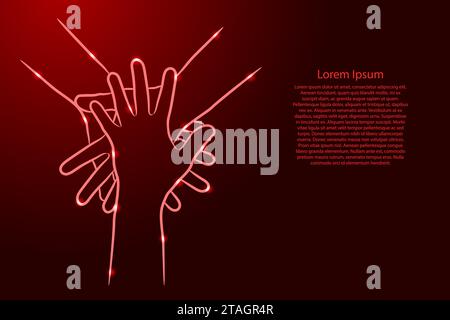 Teamwork, concept of cooperation. Hands diverse people putting together from the contour red brush lines different thickness and glowing stars on dark Stock Vector