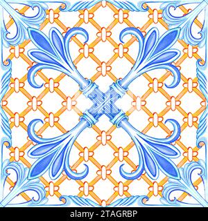 Majolica watercolor seamless pattern. Sicilian hand drawn ornament. Traditional blue and yellow ceramic tiles. Portuguese traditional azulejo pattern. Stock Photo