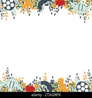 A composition template of marine inhabitants and plants, ideal for postcards, prints, invitations, birthday greeting cards. Seamless border. Vector Stock Vector