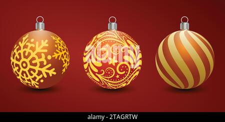 Set of shiny, glowing gold Christmas balls. Exclusive concept, hand-drawn, and highly rendered work for the upcoming Christmas. Stock Vector