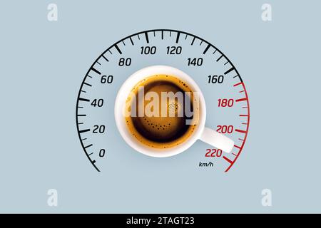 Coffee and energy boost, creative idea. Caffeine and top speed, concept. Americano cup and speedometer Stock Photo