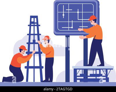 Hand Drawn Engineer installing solar cells in flat style isolated on background Stock Vector