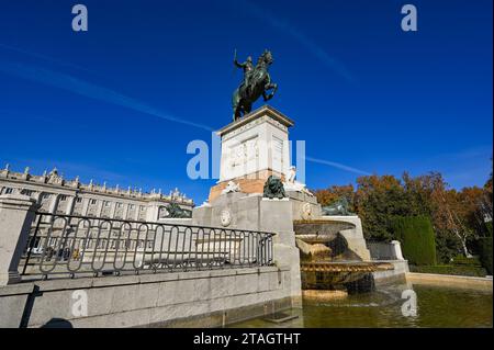Madrid, Spain - June 21, 2019: Monument to Felipe IV located in Plaza de Oriente, in front of the Royal Palace Stock Photo