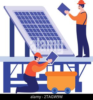 Hand Drawn Engineer installing solar cells in flat style isolated on background Stock Vector