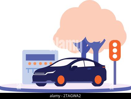 Hand Drawn Electric cars with electric charging stations in flat style isolated on background Stock Vector