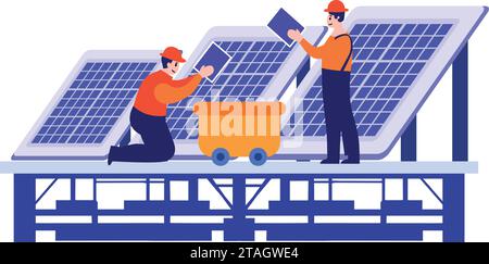 Hand Drawn Engineer installing solar cells in flat style isolated on background Stock Vector