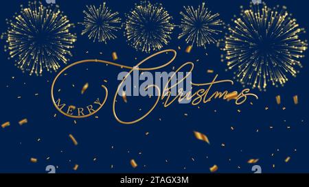 merry Christmas written in gold foil with gold foil stars on blue background Stock Vector