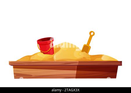 Wooden sandbox with sand pile in cartoon style, playground for kirs outdoor isolated on white background. . Vector illustration Stock Vector