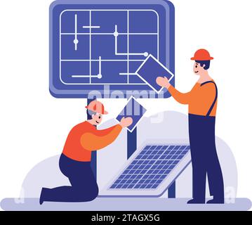 Hand Drawn Engineer installing solar cells in flat style isolated on background Stock Vector