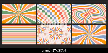 Groovy checkered seamless patterns, vintage aesthetic backgrounds, psychedelic checkerboard texture. Funky hippie fashion textile print, retro Stock Vector
