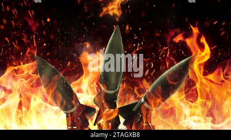 War Atmoic Rockets Rockets Weapons With Fire On A Black Background, Concept. War And Death ...