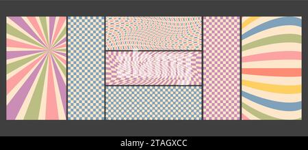 Groovy checkered seamless patterns, vintage aesthetic backgrounds, psychedelic checkerboard texture. Funky hippie fashion textile print, retro Stock Vector