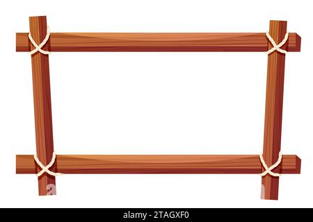 Wooden frame border from planks with rope. Wood board, brown old planks and panels with splits, game ui design. Vector illustration Stock Vector