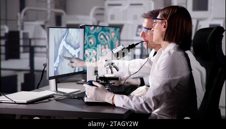 Scientist Conducts Medical Research on Blood Samples in Lab Stock Photo