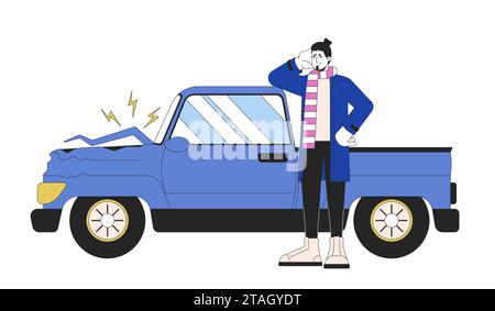 Caucasian sad man near broken vehicle 2D linear cartoon character Stock Vector