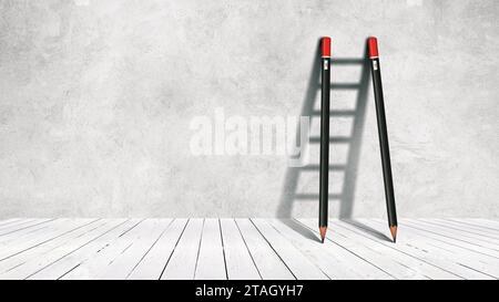 Success creative concept, pencil Ladder. Pencils stand near a concrete wall with a shadow of a ladder, creative idea. Development and success. Think d Stock Photo