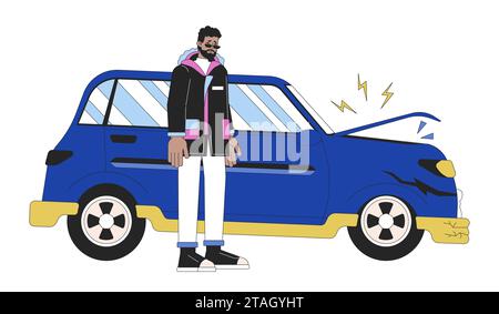Distressed black man near damaged vehicle 2D linear cartoon character Stock Vector
