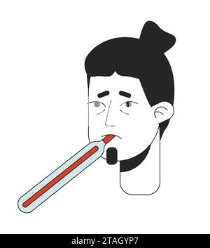 Caucasian adult man measuring oral temperature 2D linear vector avatar illustration Stock Vector