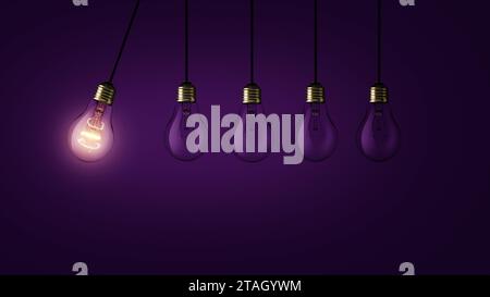 Creative light bulb lights up other extinguished light bulbs on a dark purple background, concept.  Leadership, creative idea. Think differently. Star Stock Photo