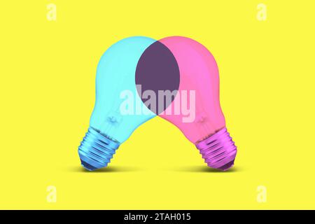 Blue and pink creative light bulb combine into purple color on yellow background, creative idea. Teamwork, concept. Think differently. Connection of m Stock Photo