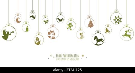 hanging baubles colored green with different abstract icons for christmas and winter time concepts and greetings for christmas and New Year Stock Vector