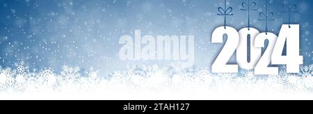 EPS 10 panorama banner background with snow fall, light effects and greetings for christmas and New Year 2024 Stock Vector