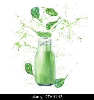 Green fresh smoothie with spinach and spatter. Watercolor illustration isolated on white For clip art menu label package Stock Photo