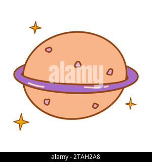 Planet with ring and stars around. Saturn or Jupiter, Uranus or Neptune. Colorful vector illustration doodle isolated. Space. Universe hand drawn icon Stock Vector