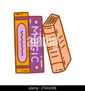 Stack of three books. Name of one is magic. Sacred and mysterious knowledge. Colorful vector isolated doodle style illustration. Hand drawn clip art i Stock Vector