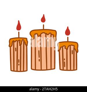 Three burning candles. Wax or paraffin. Colorful vector isolated illustration hand drawn doodle with contour. Home decoration element, holiday party, Stock Vector