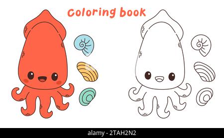 Squid black and white. Coloring book or Coloring page for kids. Marine ...