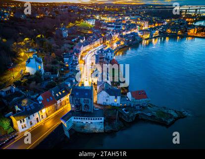 Aerial. View from drone at night of South Queensferry village in West Lothian, Scotland, UK Stock Photo