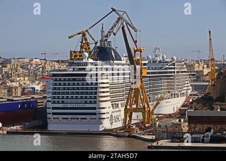 MSC cruise ship 'Fantasia' undergoing refit in Valetta, Malta Stock Photo