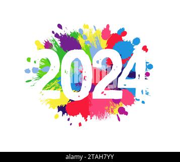 Happy 2024, watercolor design. Happy New Year congrats. Colorful backdrop. Internet banner. Web icon. Hand drawing graphic style. Abstract background. Stock Vector