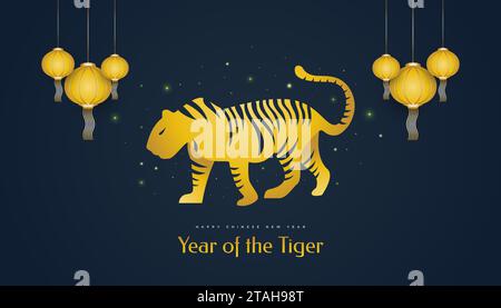 Chinese New Year 2022 Year of The Tiger. Chinese New Year Banner with Golden Tiger Illustration and Lanterns Isolated on Blue Background Stock Vector