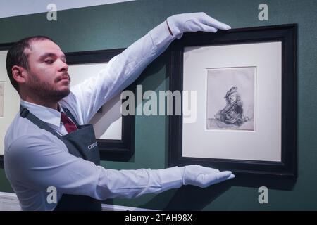 London UK. 1 December  2023.  The Sam Josefowitz Collection: Graphic Masterpieces by Rembrandt van Rijn at  Christie's Classic  Week spanning art from antiquity to the 21st century. The sale takes place on 9 December at Christie's London. Credit: amer ghazzal/Alamy Live News . Stock Photo