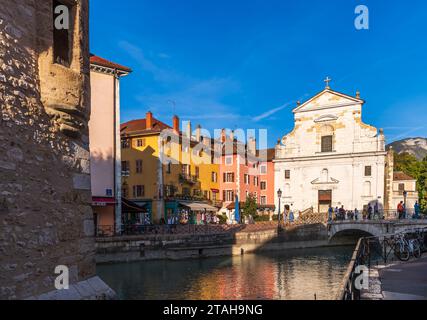 Saint François de Sales Church in the evening, in Annecy on the banks of the Thioule, in Haute Savoie, France Stock Photo