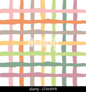 Doodle Gingham Check Plaid Vector Pattern. Vertical and horizontal hand drawn crossing yellow, red, pink, orange, grey, green, purple stripes. Chequer Stock Vector